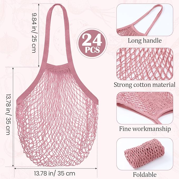 Woanger 24 Pcs Pink Long Handle Reusable Cotton Mesh Produce Shopping Bags Washable Grocery Net Portable Fruit and Vegetable Cotton String Bags Net Tote Organizer