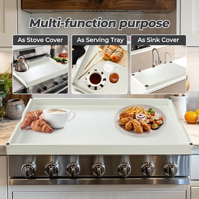 WOLKI Noodle Board Stove Covers for Gas Burners, 30"L x 22"W x 2.5"Th Heavyweight Stove Top Covers for Electric Stove, Buil-in Handles, RV Stove Cover, Sink Cover, Wooden Serving Tray (White)