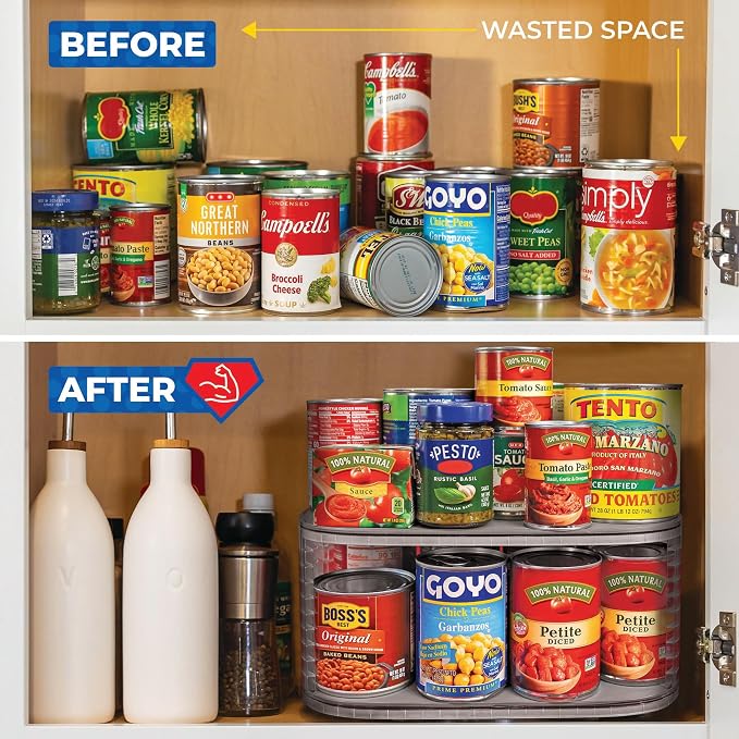 2-Tier Lazy Susan Pantry Organizer – Steel Reinforced Turntable for Kitchen Cabinets & Pantry Storage – Heavy-Duty Can Organizer Holds Up to 30 lbs – Rotates 360° – Includes 2 Bonus Bins | Two Rotating Steel-Reinforced Shelves, Holds 30 lbs, 360-Degree...