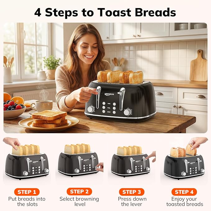 Keenstone Toaster 4 Slice, Retro Stainless Steel Wide Slot Toaster with Dual Independent Controls, 6 Browning Levels, Bagel, Defrost, Reheat & Cancel, Removable Crumb Tray, Black