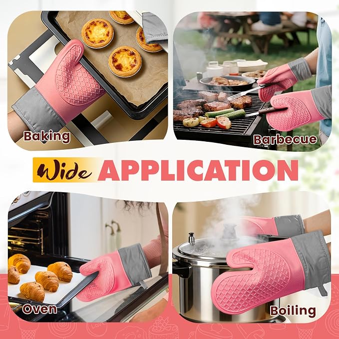 Silicone Oven Mitts (2 PCS), Waterproof Non Slip Grip Oven Gloves with Thick Soft Cotton Lining, Universal Fit Heat Resistant Kitchen Gloves for Baking, BBQ, Cooking and Grilling-Pink