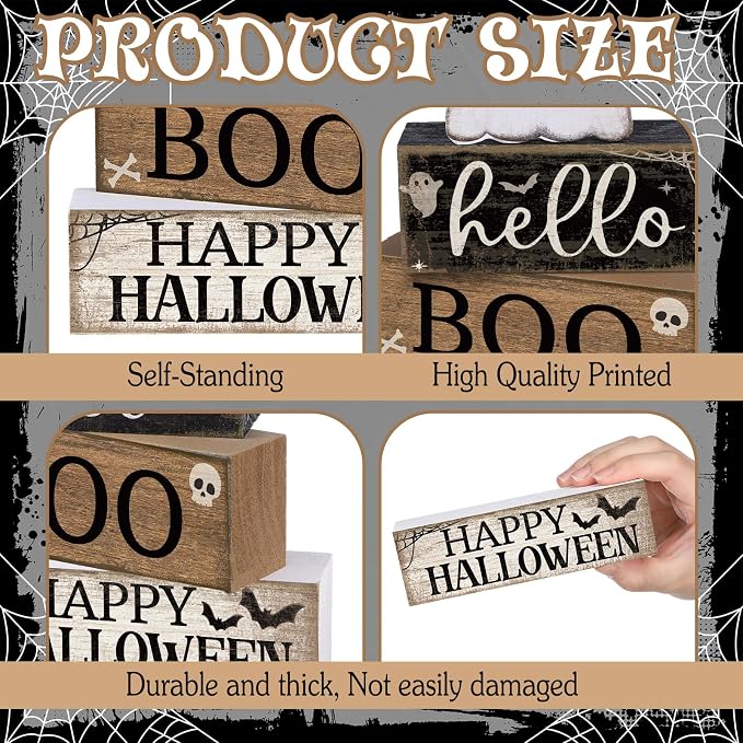 Lineshading 4 Pcs Halloween Table Decor Surprised Ghost Tiered Tray Decor | Stacked Blocks with Ghost, Rustic Wood, For Tabletop Shelf Mantel, Halloween Farmhouse Home Styling, Gift Ready