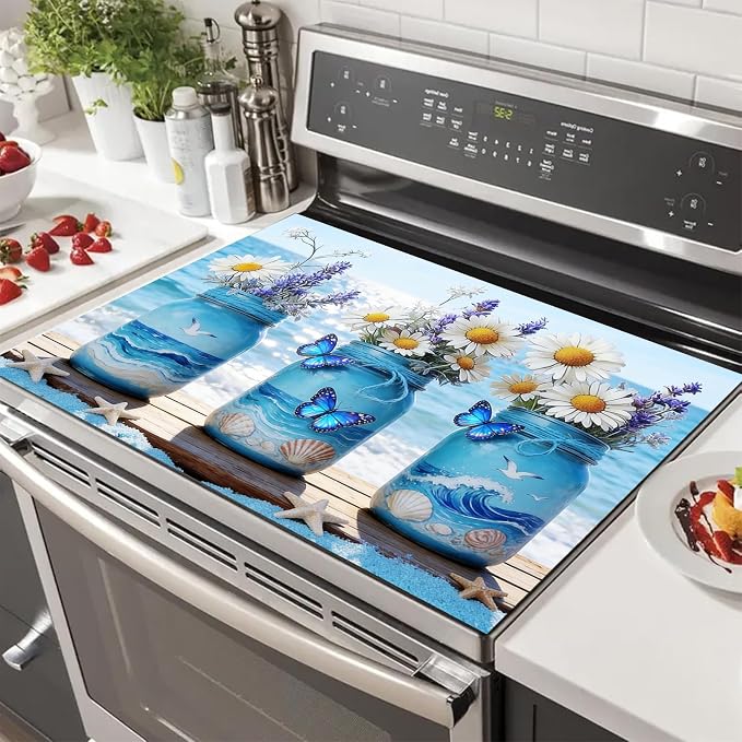 HOMETITUTE Summer Stove Top Covers for Electric Stove 28x20 Inches Coastal Mason Jar Floral Heat Resistant Glass Cooktop Protector Pad Decorative Stovetop Cover for Kitchen Coffee Bar Decor