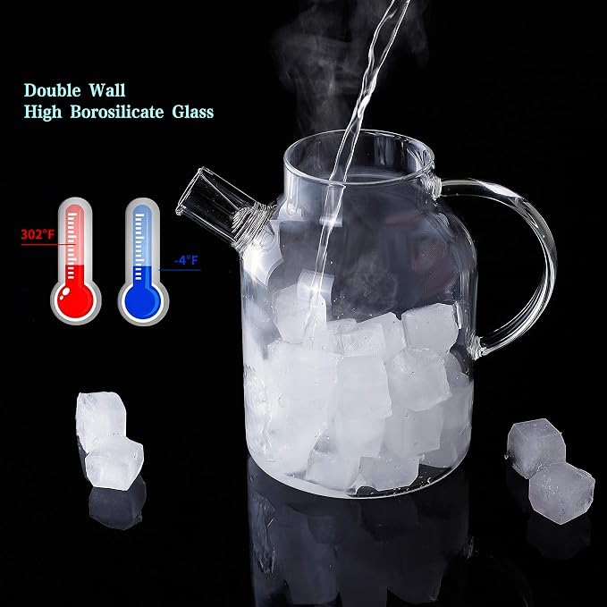 CnGlass Glass Teapot Stovetop Safe,50.7oz Clear Glass Pitcher with Removable Filter Spout for Loose Leaf and Blooming Teabag