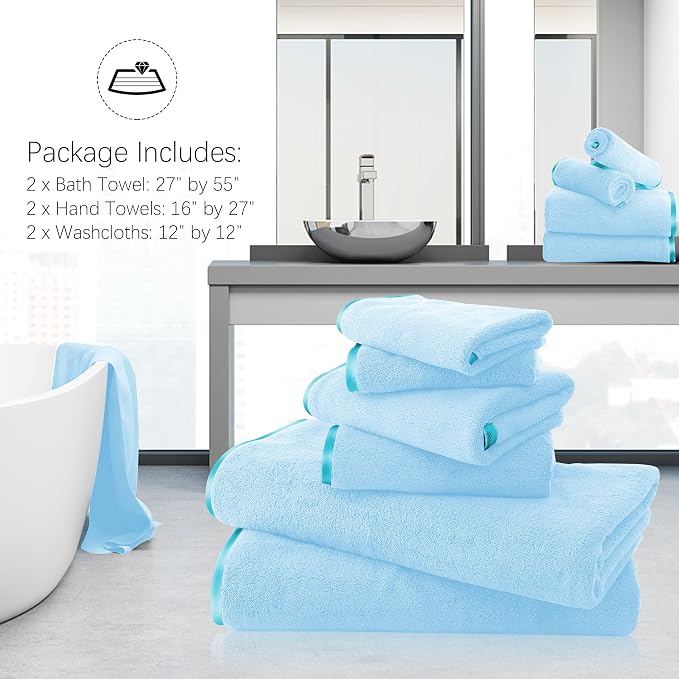 TENSTARS Luxury Silk Hemming Towel Set - Light Thin Quick Drying - 2 Bath Towels 2 Hand Towels 2 Washcloths - Ultra Soft Microfiber Towel for Bath Fitness, Sports, Yoga, Travel (Aquamarine 6 Pieces)