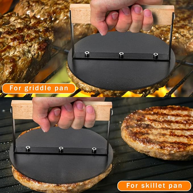 bodkar Smash Burger Press 6 inch, Round Burger Smasher Grill Press for Griddle Bacon Press Meat Steak Press with Wood Handle | for Griddle Bacon Press Meat Steak Press with Wood Handle