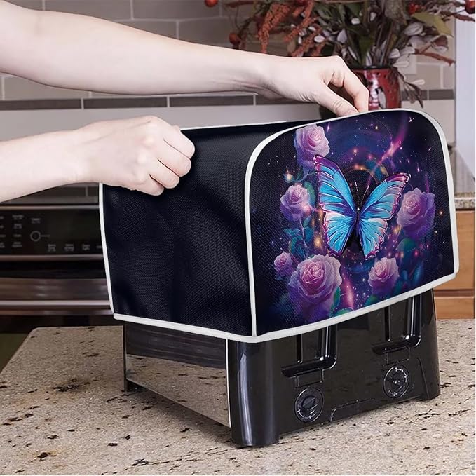 Toaster Cover 2 Slice Dustproof Toaster Bread Maker Cover Small Kitchen Appliance Fingerprint Protection Kitchen Decor, Butterfly Roses Blossom