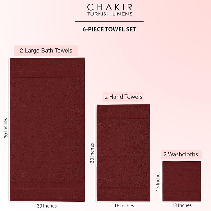 Chakir Turkish Linens 100% Cotton 6-Piece Towel Set, Cranberry | 100% cotton 6-pc set, OEKO-TEX certified: 2 bath 30x60, 2 hand 16x30, 2 washcloths 13x13