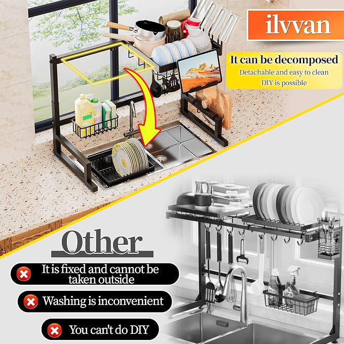ilvvan Over Sink Dish Drying Rack (Expandable Height/Length) Snap-On Design Large Dish Drainer Storage Counter Organizer 24" - 35.5"(L) x 12"(W) x 19" - 22"(H)