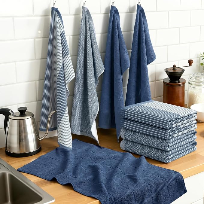 Homaxy 9 Pack Cotton Terry Premium Kitchen Towels, 18 x 28 in, Navy Blue | Large 380 GSM Dish Towels, Highly Absorben Flat & Terry Kitchen Hand Towels, Soft Utility Tea Towel Set with Hanging Loop