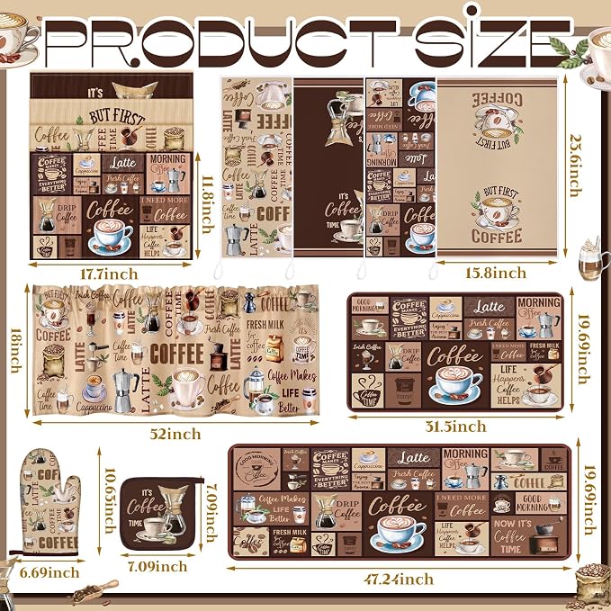 Fourluoo 16 Pcs Coffee Kitchen Decor Set Towels Dishcloths Rug Mitts Brown | Farmhouse Home Kitchen Accessories, Non Slip Rug Mat, Pot Holders Coasters Curtains, Coffee Themed Housewarming Gift