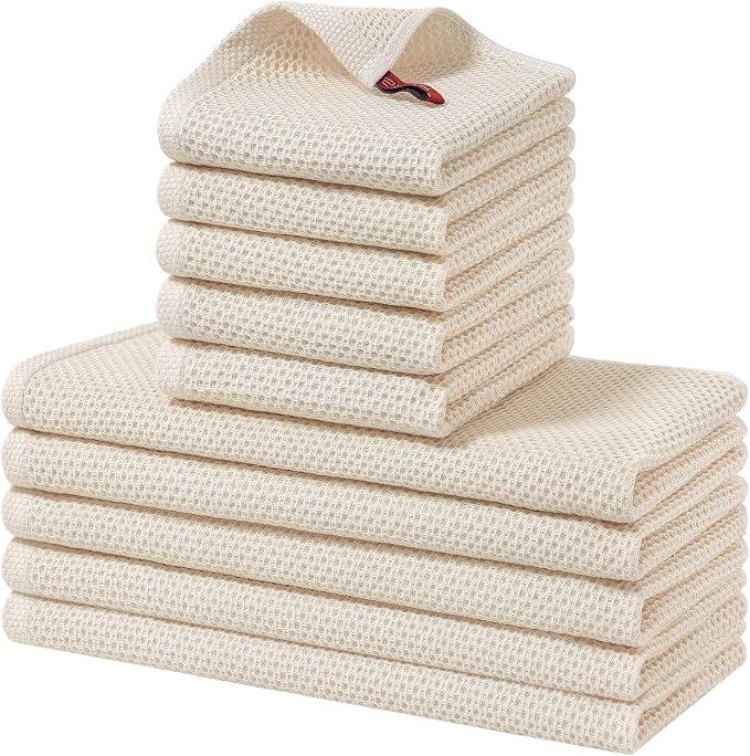 Homaxy 10 Pack 100% Cotton Kitchen Towels and Dishcloths Set, Beige | 12 x 12 Inches and 13 x 28 Inches Kitchen Towels Set, Ultra Soft Absorbent Dish Cloths for Washing Dishes