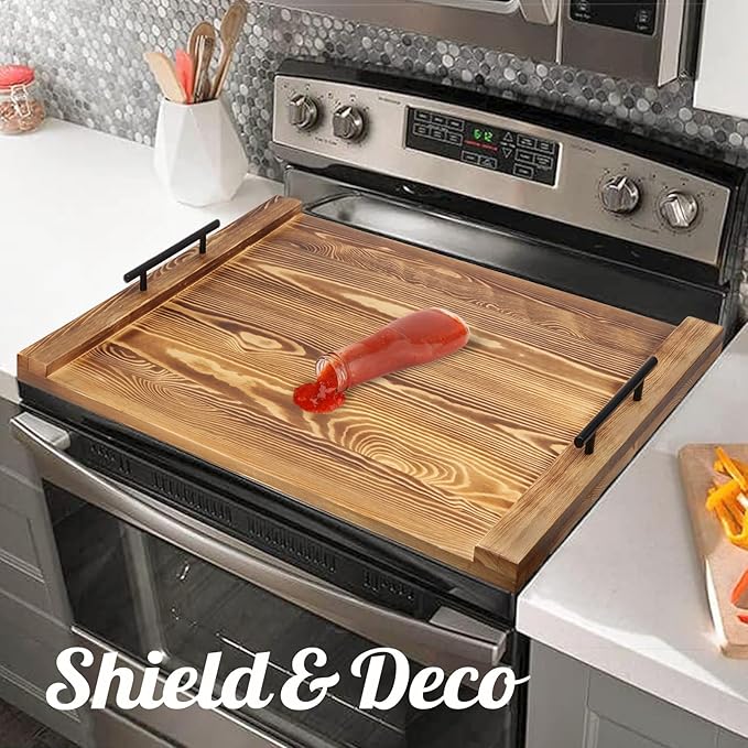 30"x22" Noodle Board Stove Cover for Electric & Gas Stoves, Cabonized Pine Wood Ranges Stovetop Cover for Extra Counter Space, Also Sink Cover & Serving Tray