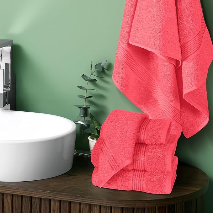 Ultra Soft 6 Pack Cotton Towel Set, Contains 2 Bath Towels 28x55 inch, 2 Hand Towels 16x24 inch & 2 Wash Coths 12x12 inch, Ideal for Everyday use, Compact & Lightweight - Coral Orange