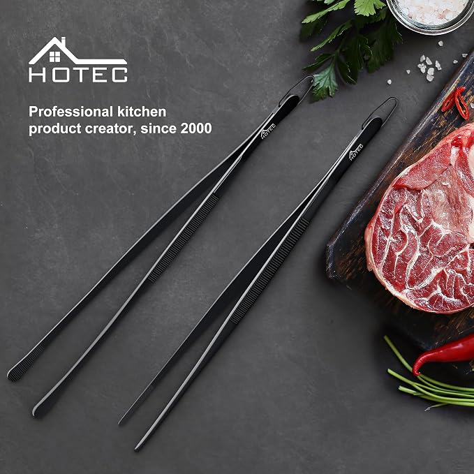 HOTEC Kitchen Tweezers Tongs Stainless Steel Professional Chef Tweezers, Set of 2-12inch Extra-Long Food Tongs for Cooking,Grill and Baking