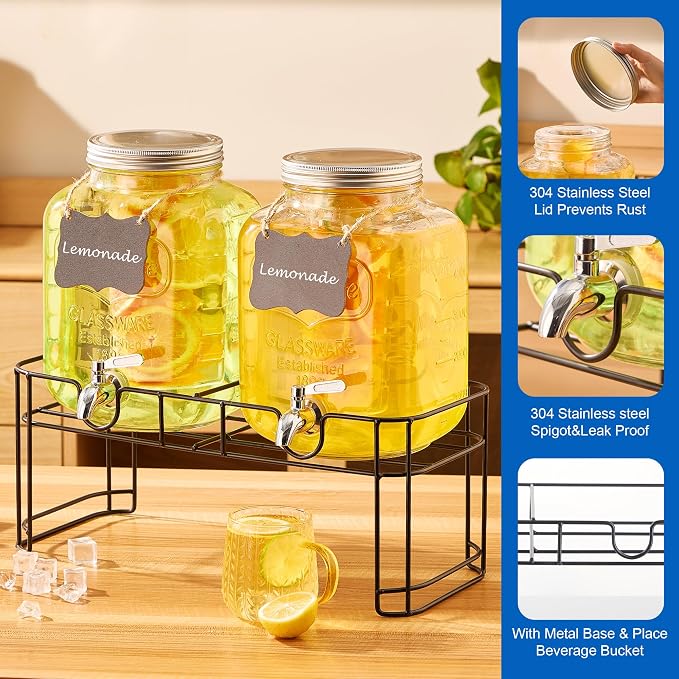 1.5 Gallon Glass Drink Dispensers for Parties, 2PACK Beverage Dispenser with Stand, Ice Cylinder and Stainless Steel Spigot 100% Leakproof, Beverage Dispenser for Lemonade Sun Tea
