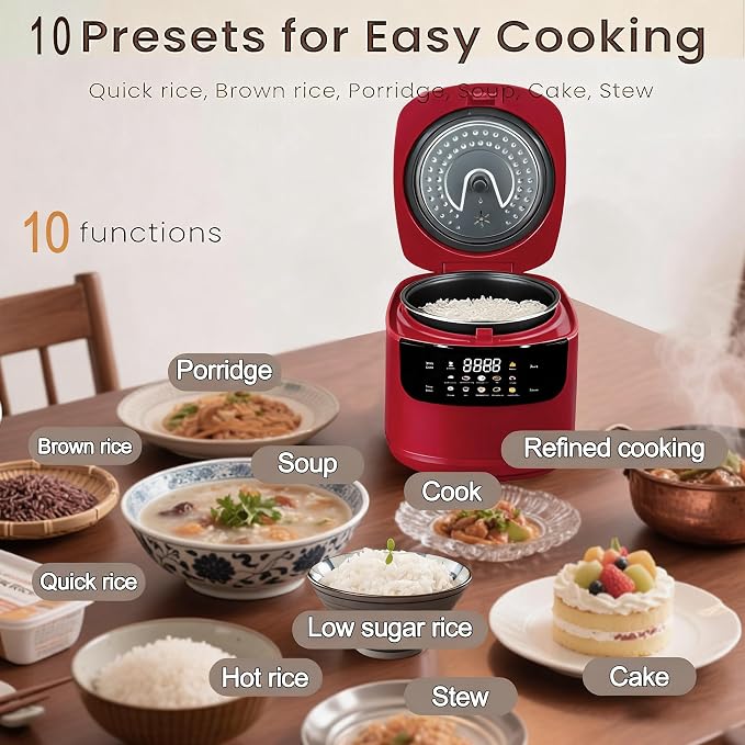 Smart Rice Cooker,Mini Electric Rice Cooker,6 Cups Cooked/3 Cups Uncooked | 10 Functions,400W Fast Cooker Non-Stick 2L 2.1Quart Rice Maker, 24 H Timer Delay and Auto Keep Warm for 1-3 peoples