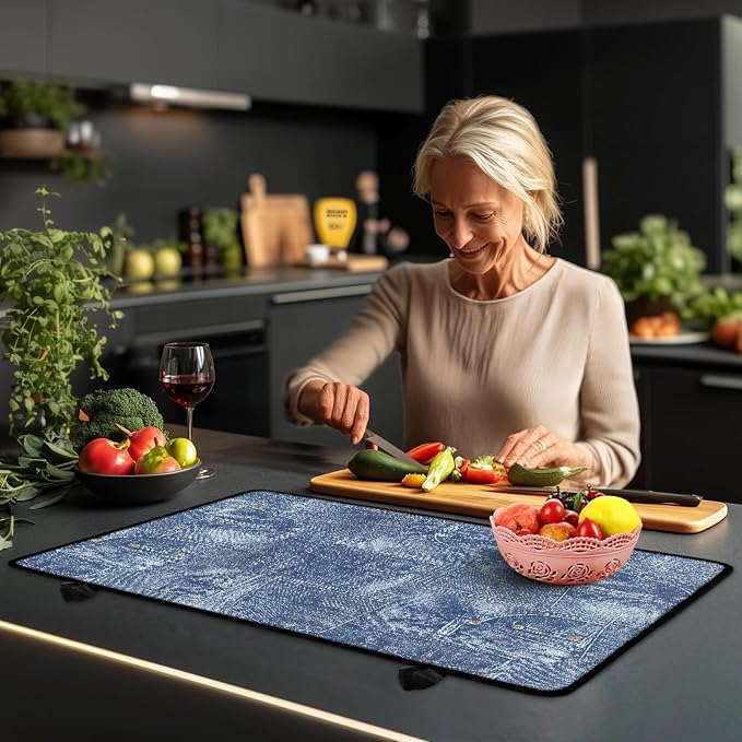 Denim Patchwork Style Stove Top Covers for Electric Stove, Jean Print Patchwork Glass Stovetop Cover with Lanyard Blue Miscellaneous Countertop Protector Mat for Kitchen 28 x 20 Inch