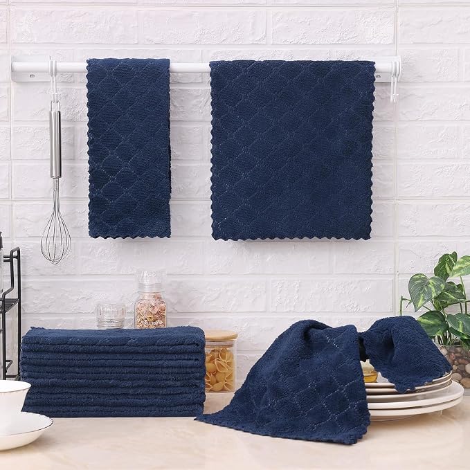 Homaxy 24 Pack Super Soft Absorbent Dish Towels, 10" x 20", Navy Blue | Coral Velvet, Nonstick Oil Fast Drying Microfiber Cleaning Cloth, No Lint Dishcloths for washing and drying