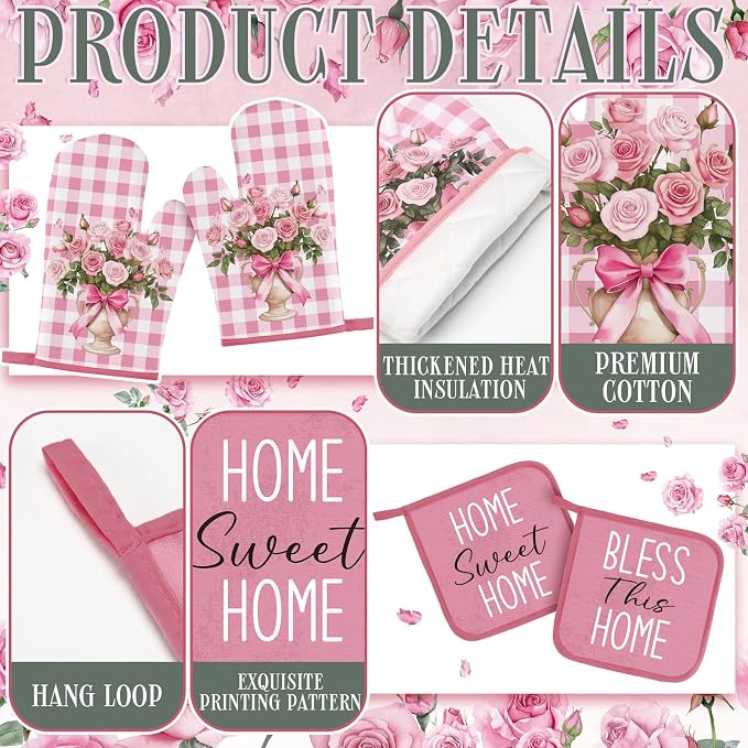 Fourluoo 16 Pcs Pink Rose Kitchen Decor Set Kitchen Towels Placemats Non Slip Rugs and Mats for Floor Oven Mitts Gloves Pot Holders Floral Curtains for Home Decoration Gift
