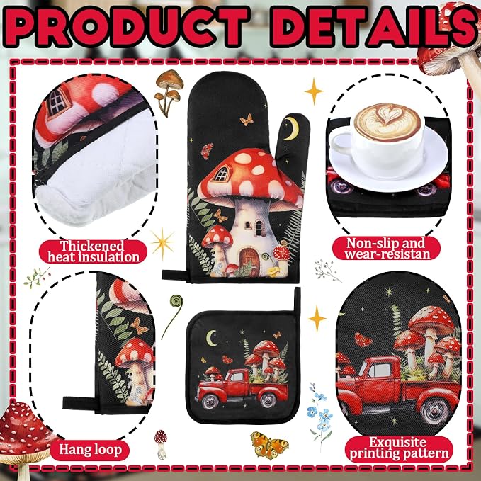 Fourluoo 10 Pcs Kitchen Dish Towels Rugs Oven Mitts and Pot Holders Set Farmhouse Kitchen Decor Set for Women Mom Daughter Gift Cooking Baking Grilling(Dark Colors,Mushroom)