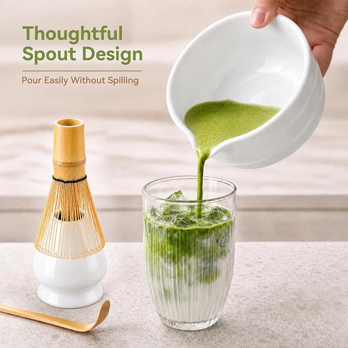 Matcha Whisk Set with Classic White Ceramic Bowl - Complete Matcha Making Kit, Bamboo Whisk (Chasen), Matcha Powder Sifter, Scoop, Whisk Holder, Japanese Tea Ceremony Tools