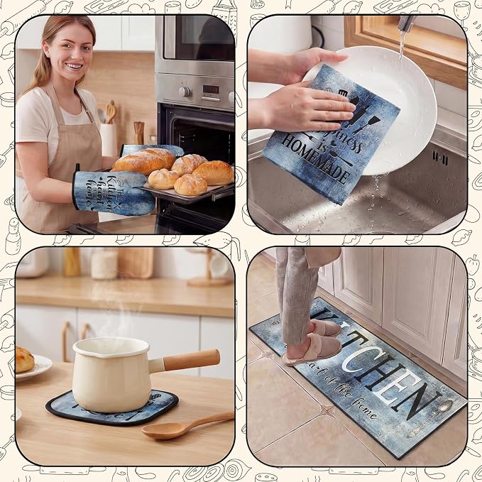 10 Pcs Kitchen Decor and Accessories Set, Rustic Country Blue | Vintage 4 Dish Towels Kitchen Rugs 2 Oven Mitts 2 Pot Holders, Home Decor for Cooking Baking BBQ Gifts Women Mom Housewarming
