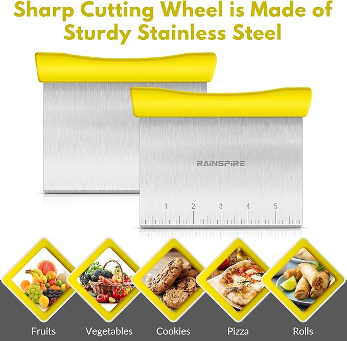 Upgraded 304 Stainless Steel Multi-Purpose Bench Scraper with Measurement Marks, Dishwasher Safe, Dough Cutter for Pizza, Bread and Cookie Dough Vegetable Chopper, Baking Supplies, Yellow