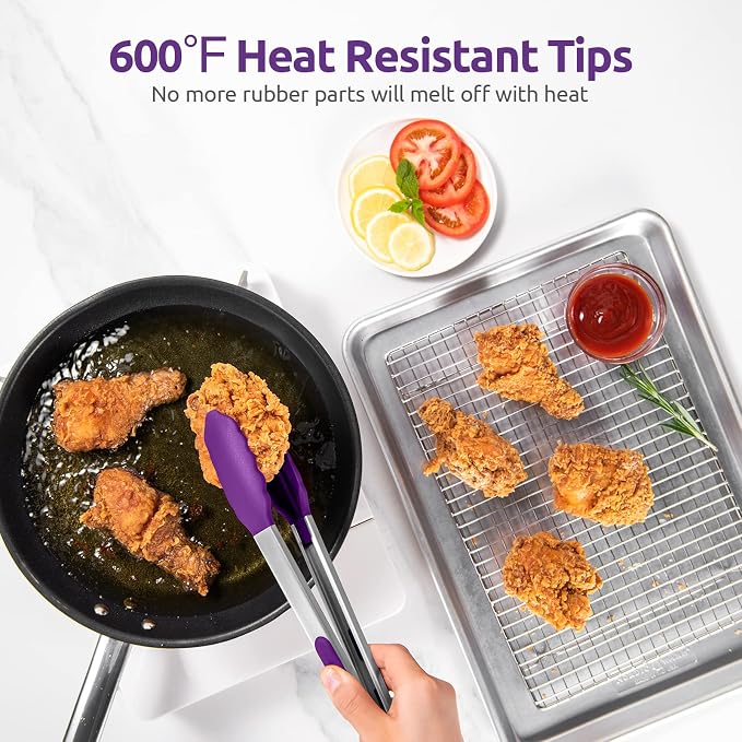 U-Taste Kitchen Tongs for Cooking, 600ºF Heat-Resistant Tps, 2Pcs/Purple | Silicone Tong Set 9/12in, Salad/Grill/BBQ Plastic Tong for Food Serving, Rubber Tipped Tong with 18/8 Stainless Steel Handle