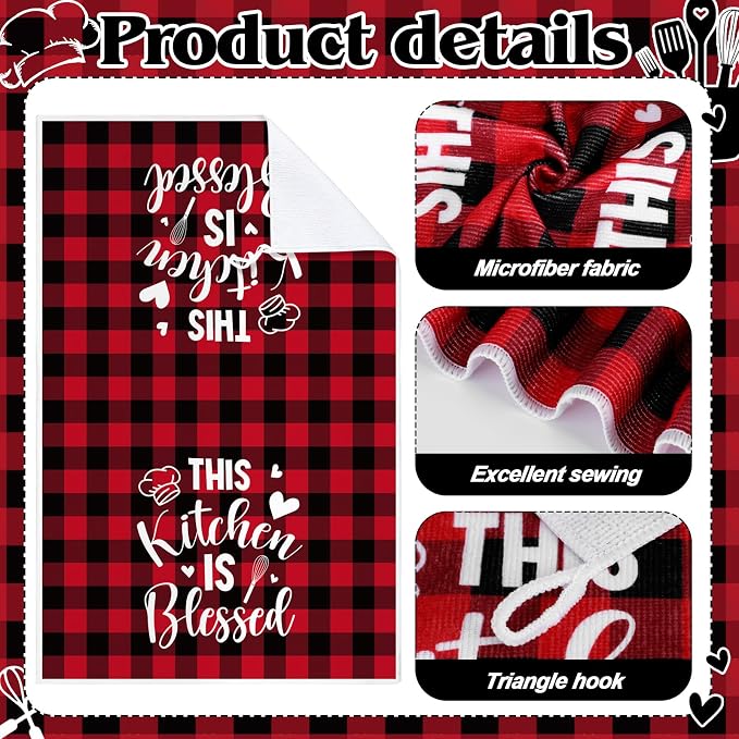 4 Pcs Red Black Kitchen Towels Happiness Dish Towels Gifts | Heart of the Home Decorative Hand Tea Dishcloths with Hanging Loop Housewarming Gift for Home Funny Kitchen Decor Accessories