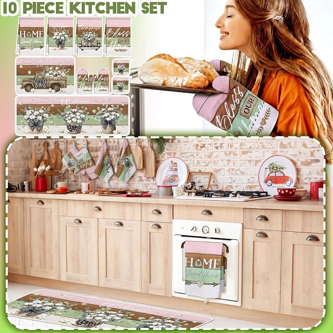Fourluoo 10 Pcs Bless Our Home Farmhouse Eucalyptus Leaves Kitchen Decor Set Towels Rugs Oven Mitts and Pot Holders for Cooking Baking Grilling Gift