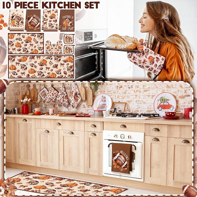 Fourluoo 10 Pcs Fall Football Kitchen Decor Set for Cooking Baking | Includes 2 Polyester Rugs, 4 Microfiber Towels, 2 Pot Holders, 2 Plus Foam Insulated Oven Mitts for Daily Kitchen Tasks.