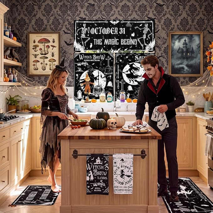 13 Pcs Halloween Kitchen Decor Set 3 Witch Kitchen Curtains Valance 2 Black Rugs and Mats 4 Towels 2 Pot Holders 2 Oven Mitts for Home Decor Cooking Grilling Housewarming Gift
