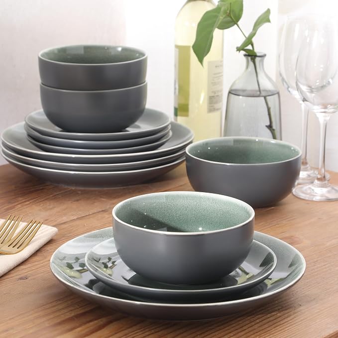 Gibson Elite Pine Coast Plates and Bowls Sets, 12-Piece Stoneware Dinnerware Sets, Reactive Glaze Dish Set - Green