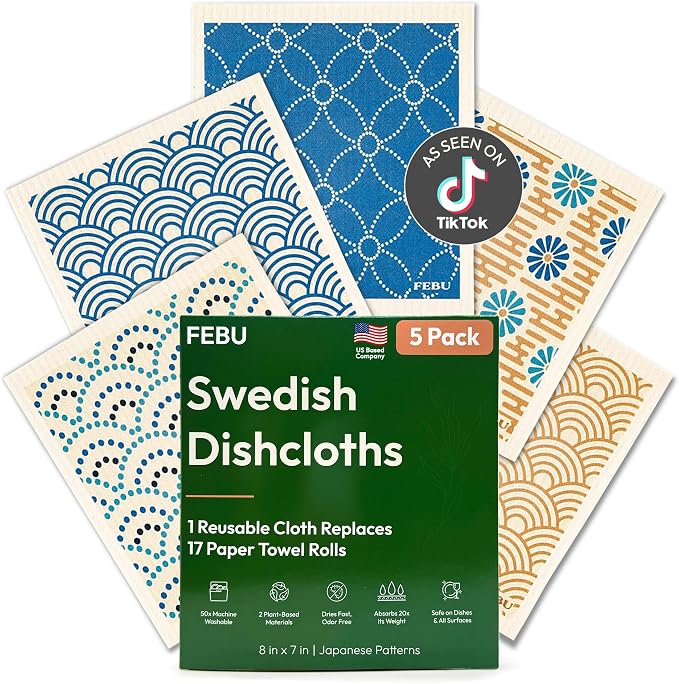 Swedish Dishcloths for Kitchen | 5 Pack Japanese Reusable Paper Towels Washable | Swedish Dish Towels | Non-Scratch Cellulose Sponge Cloths | No Odor, Biodegradable Cleaning Cloths