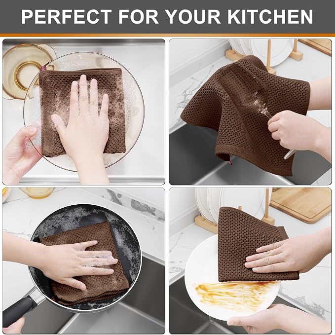 Kitinjoy 100% Cotton Waffle 6-Pack Kitchen Towels, 12" x 12", Coffee | Ultra Absorbent, Super Soft, lightweight, Quick Drying Dish Rags for Washing Dishes