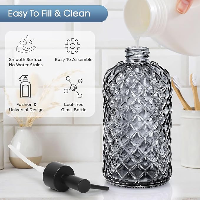 Topsky Gem Glass Soap Dispenser with Black Plastic Pump, 13oz Liquid Hand Soap Dispenser, Rustproof Pump for Kitchen & Bathroom, Great for Lotions, Essential Oil, Liquid Soaps-Gray