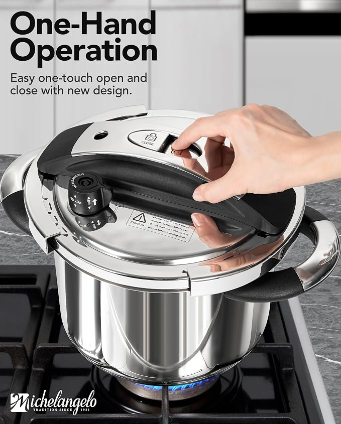 MICHELANGELO 6.3QT Pressure Cooker Stainless Steel, Induction Ready | Safer Pressure Control for Beans, Stews, Rice and Broth, One-Touch Locking Lid, with Glass Lid, Steamer and A Spare Gasket