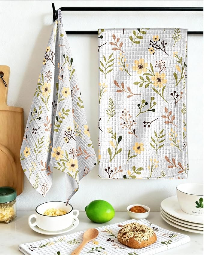 370GSM Cotton Waffle Kitchen Towels, Flower | Pure Cotton, Sustainable, Waffle Weave, Terry Cloth, Highly Absorbent, Decorative, 16"x25", with Hanging Loop
