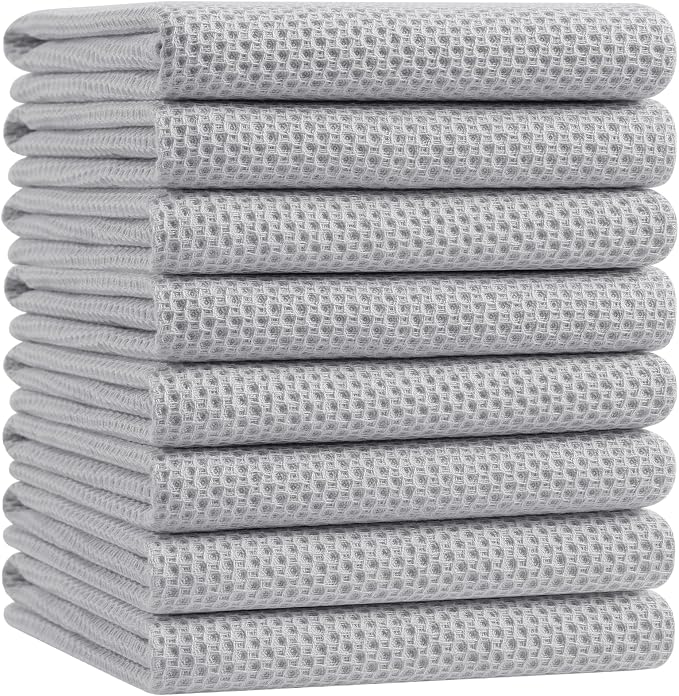 Homaxy 100% Cotton Oversized Waffle Weave Kitchen Towels 8-Pack, Light Gray | 20 x 28 Inches, Ultra Soft Absorbent Dish Towels, Quick Drying Large Cleaning Towels