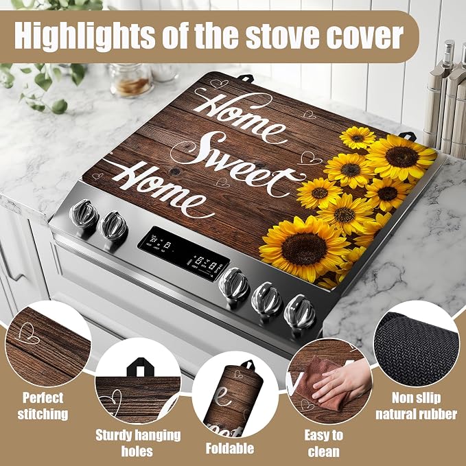 Home Sweet Home Stove Top Covers for Electric Stove, Wooden Grain Electric Gas Stove Pad Heat Resistant Range Cooktop Protector for Home Decor Kitchen 28"x20"
