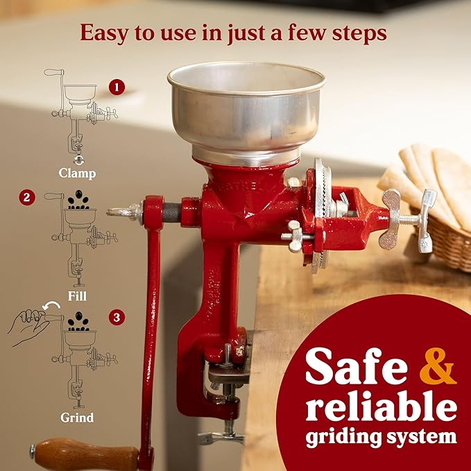 Estrella Cast Iron Manual Corn Grinder, Hand Grain Mill, Molino de Maiz Manual, Red Molino for Corn, Nixtamal, Masa, Coffee & Spices