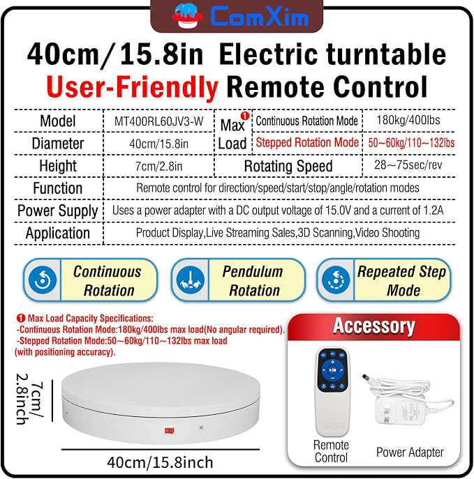 15.8In Remote Motorized Electric Turntable Rotating Display Stand Rotating Platform Photography Turntable motorized lazy susan base giratoria para for Photography,3D Scanner,(Load Range:132~400lbs)