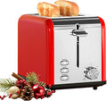 HealSmart 2-Slice Stainless Steel Toaster, 6 Browning Setting and 3 Function Toaster, Extra Wide Slot & Removable Crumb Tray, for Bread & Waffle, Red