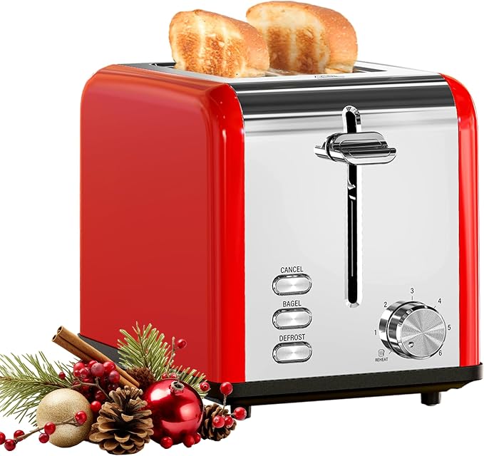 HealSmart 2-Slice Stainless Steel Toaster, 6 Browning Setting and 3 Function Toaster, Extra Wide Slot & Removable Crumb Tray, for Bread & Waffle, Red
