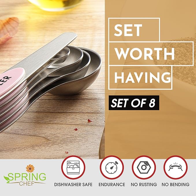 Spring Chef Stainless Steel 8 Magnetic Measuring Spoons Set, Pink Lemonade | Dual Sided Metal Teaspoon & Tablespoon Measuring Spoons with Leveler for Dry & Liquid Ingredients, Fits in Kitchen Spice Jars