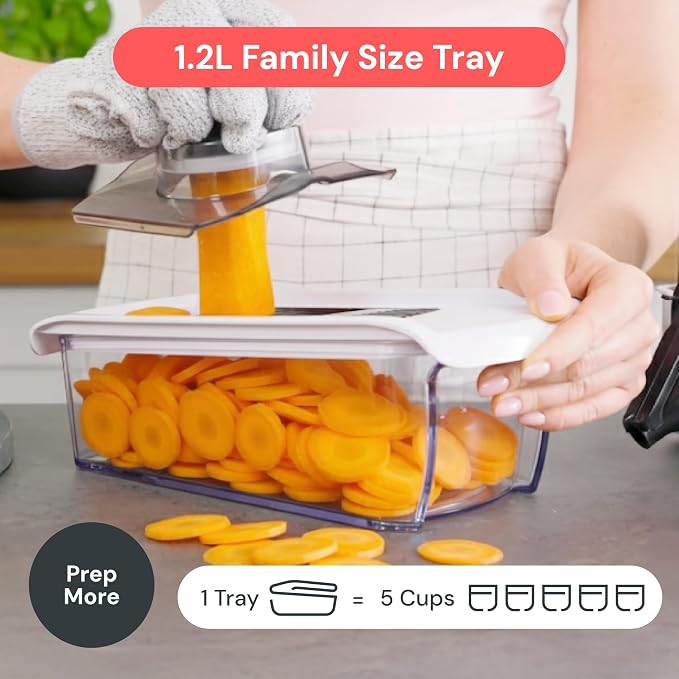 Fullstar Pro Mandoline Vegetable Slicer, Grater & Spiralizer with Container | 6 in 1 Fruit Cutter, Cheese Grater & Spiralizer with Safety Gloves, Stainless Steel Blades & Container (White)