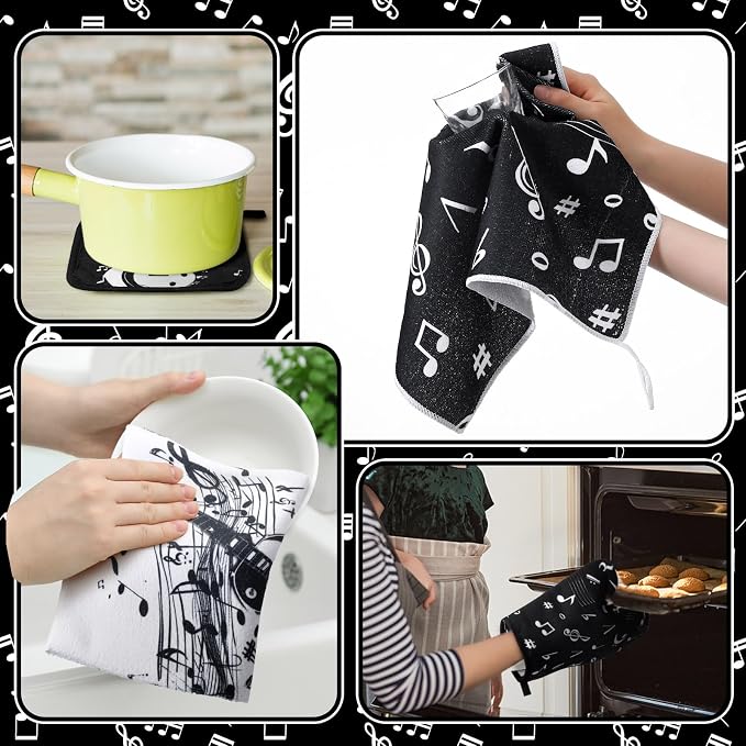 Leinuosen 8 Pcs Music Note Kitchen Decor Accessories Set Farmhouse Towels Oven Mitts Pot Holders Dishcloths Set Kitchen Decorative Absorbent Potholders for Chef Baking Cooking