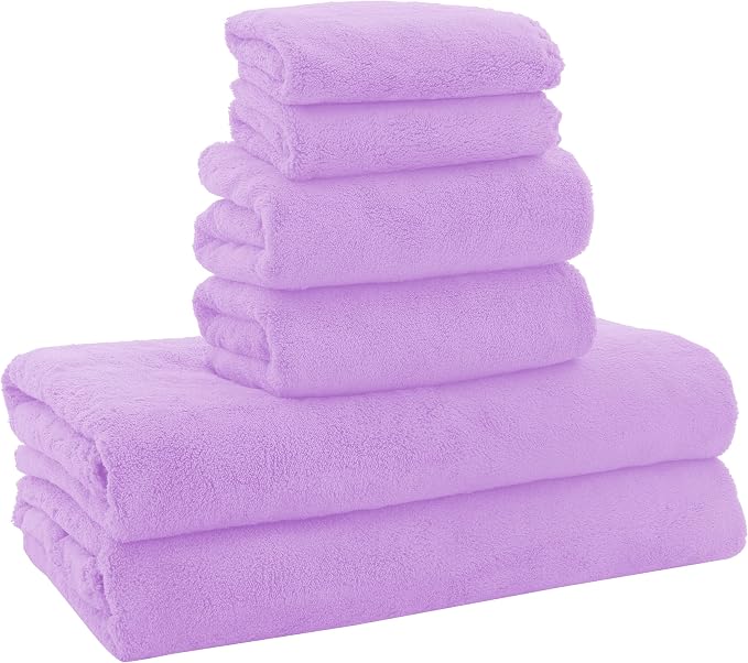 MOONQUEEN Ultra Soft Towel Set-Quick Drying - 2 Bath Towels 2 Hand Towels 2 Washcloths-Microfiber Coral Velvet Highly Absorbent Towel for Bath Fitness,Bathroom,Sports,Yoga, Travel(Purple, 6 Pcs)