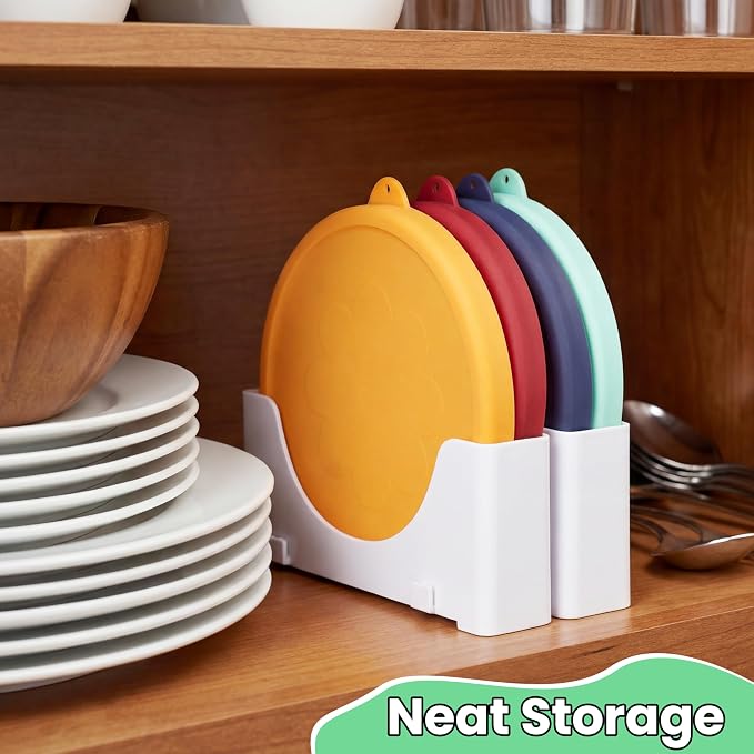 4 Cup Silicone Lid & Lid Organizer - 4 Pack Replacement Lids for Pyrex 7201-PC Glass Bowls and Anchor Hocking 4 Cup Glass Bowls & 2 Pack Adjustable Organizers for Kitchen Cabinet Storage
